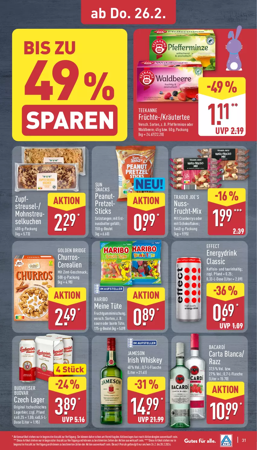 Aktueller Prospekt Aldi Nord - Von Montag - von 23.02 bis 28.02.2026 - strona 34 - produkty: beere, beutel, bier, budweiser, butter, cerealien, cranberry, drink, Effect, eis, elle, flakes, flasche, frucht, früchte, fruchtgummi, gin, haribo, irish whiskey, jameson, kräuter, kuchen, Lagerbier, mac, minze, nuss, pfeffer, pfefferminze, Pretzel, reis, salz, Salzstange, Salzstangen, schoko, snack, snacks, Streuselkuchen, Sun Snacks, tee, teekanne, teller, Ti, Tüte, whiskey, ZTE