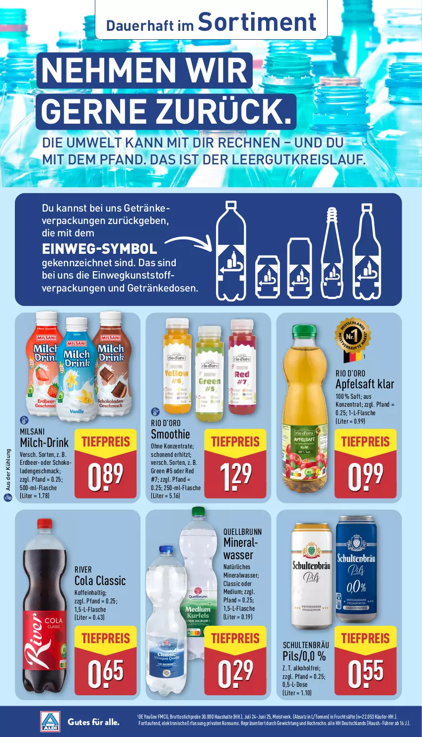 Aktueller Prospekt Aldi Nord - Von Montag - von 23.02 bis 28.02.2026 - strona 36 - produkty: alkohol, Alwa, apfel, apfelsaft, auer, brut, cola, drink, eis, Elektro, flasche, frucht, fruchtsäfte, getränk, getränke, HP, Laufen, mac, milch, mineralwasser, natürliches mineralwasser, pils, Quellbrunn, reis, saft, säfte, schoko, schokolade, schokoladen, smoothie, Ti, tiefpreis, wasser, Yo