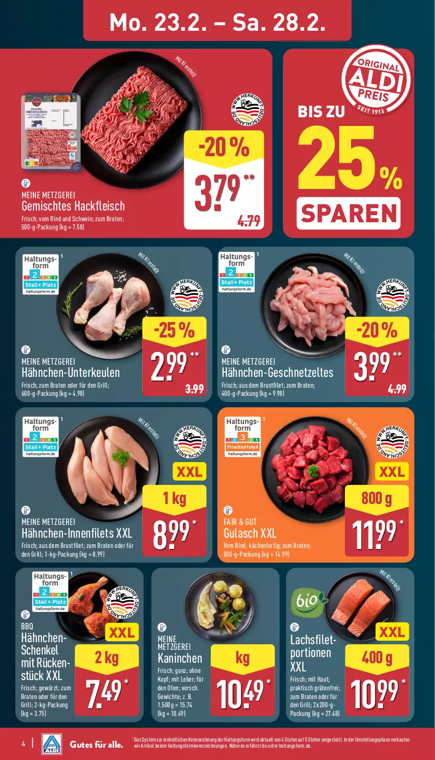 Aktueller Prospekt Aldi Nord - Von Montag - von 23.02 bis 28.02.2026 - strona 4 - produkty: braten, brustfilet, eis, filet, filets, fleisch, geschnetzeltes, gewürz, grill, gulasch, hackfleisch, Hähnchen-Unterkeulen, hähnchenschenkel, henkel, küche, Küchen, lachs, lachsfilet, Ofen, rind, schenkel, schwein, Ti, tisch, wein, Zelt