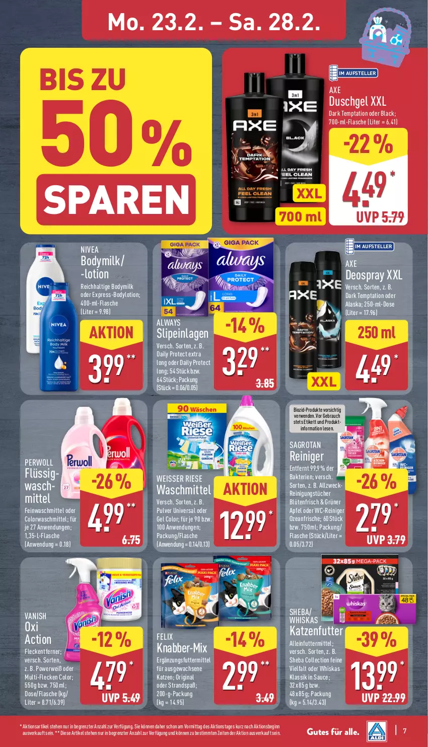 Aktueller Prospekt Aldi Nord - Von Montag - von 23.02 bis 28.02.2026 - strona 7 - produkty: alleinfuttermittel, Alwa, Always, apfel, axe, axe duschgel, bio, Blüte, body, bodylotion, Bodymilk, colorwaschmittel, deo, deospray, duschgel, eis, elle, feinwaschmittel, felix, flasche, fleckentferner, gin, katzenfutter, lack, Lotion, nivea, oxi action, perwoll, Rauch, reiniger, Reinigung, reinigungstücher, rwe, sagrotan, sauce, sheba, slip, slipeinlagen, teller, Ti, tücher, vanish, vanish oxi action, waschmittel, wc-reiniger, weck, Weisser Riese, whiskas, ZTE