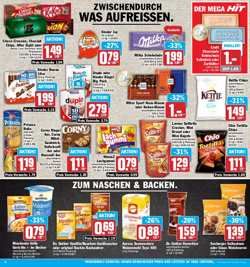 Aktueller Prospekt Hit - Prospekte - von 31.10 bis 05.11.2022 - strona 10 - produkty: after eight, Bagel, Becher, beere, beeren, Berger, beutel, bourbon, brezel, chips, choclait chips, choco crossies, cola, corny, cracker, crossies, Dr. Oetker, duplo, eis, gin, hafer, kakao, Kinder, kinder bueno, kinder riegel, kitkat, kraft, lachgummi, lindt, lion, lorenz, mehl, milch, milka, milka schokolade, mondamin, nimm2, nuss, prinzen rolle, reis, reiss, riegel, ritter, ritter sport, saltletts, sandwich, schoko, schokolade, seeberger, smarties, Sport, Ti, tortilla, Tortilla Chips, type 405, vanille, vollmilch, wein, weizenmehl, ZTE, zucker