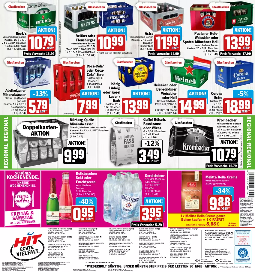 Aktueller Prospekt Hit - Prospekte - von 31.10 bis 05.11.2022 - strona 16 - produkty: adelholzener, Alwa, angebot, angebote, Astra, auer, Bad, bella crema, bellacrema, Benediktiner, bier, bohne, braun, brause, Brei, burger, coca-cola, cola, corona, corona extra, coupon, coupons, drucker, ecco, eimer, eis, elle, Engel, fassbrause, fisch, flasche, flensburger, frucht, fruchtsecco, gerolsteine, gerolsteiner, gin, glasflasche, Hefe, heineken, Holz, kerze, Kozel, krombache, krombacher, Lübecker, melitta, mineralwasser, Mineralwasser Classic, natur, Paula, paulaner, Rauch, reis, rel, rotkäppchen, sekt, Spaten, Sprudel, steiner, Ti, Tiere, uhr, veltins, wasser, weissbier, ZTE