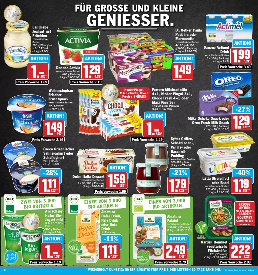 Aktueller Prospekt Hit - Prospekte - von 31.10 bis 05.11.2022 - strona 8 - produkty: actimel, actimel drink, activia, andechser natur, becel, Becher, bio, choco fresh, danone, danone actimel drink, danone activia, dessert, Dr. Oetker, drink, eis, Falafel, ferrero, filet, filets, frucht, früchte, früchten, Fruchtquark, garden gourmet, grütze, hafer, joghur, joghurt, jogurt, karamell, Kinder, kinder pingui, landliebe, landliebe joghurt, lätta, leine, marmorette, milch, Milchschnitte, milka, natur, natura, oreo, Paula, paula pudding, pingui, pudding, quark, reifen, reis, sahne, Sahnejoghurt, schoko, schokolade, schokoladen, snack, soja, Sylter, Ti, vanille, Vegeta, weihenstephan, ZTE