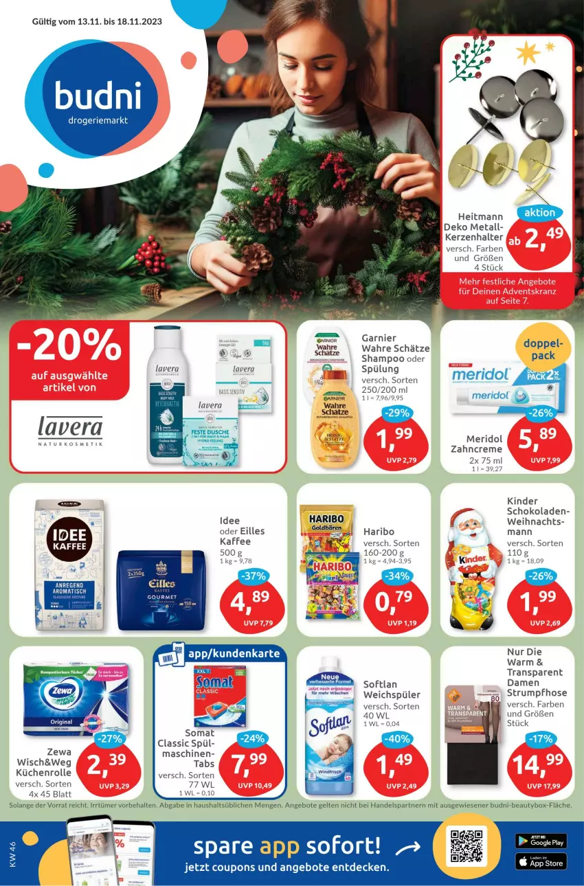 Aktueller Prospekt Budni - Prospekte - von 13.11 bis 18.11.2023 - strona 1 - produkty: angebot, angebote, bio, coupon, coupons, creme, decke, dusche, eier, erde, garnier, google play, haribo, heitmann, hose, kaffee, kerze, Kinder, kosmetik, küche, Küchen, küchenrolle, lavera, meridol, natur, naturkosmetik, rum, schoko, schokolade, schokoladen, Softlan, somat, spülung, Strumpfhose, Ti, Wahre Schätze, weichspüler, zahncreme, zewa