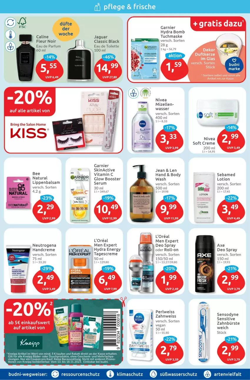 Aktueller Prospekt Budni - Prospekte - von 13.11 bis 18.11.2023 - strona 2 - produkty: axe, body, bürste, coupon, creme, deo, deo spray, Eau de parfum, eau de toilette, eis, elle, feuchtigkeitspflege, garnier, handcreme, HP, Jaguar, kneipp, l'oreal, lack, Lotion, Maske, mizellen, natur, natura, neutrogena, nivea, parfum, Pfau, Rauch, roll-on, sebamed, sensodyne, Ti, tuc, tuchmaske, vita, Vitamin C, wasser, zahnbürste