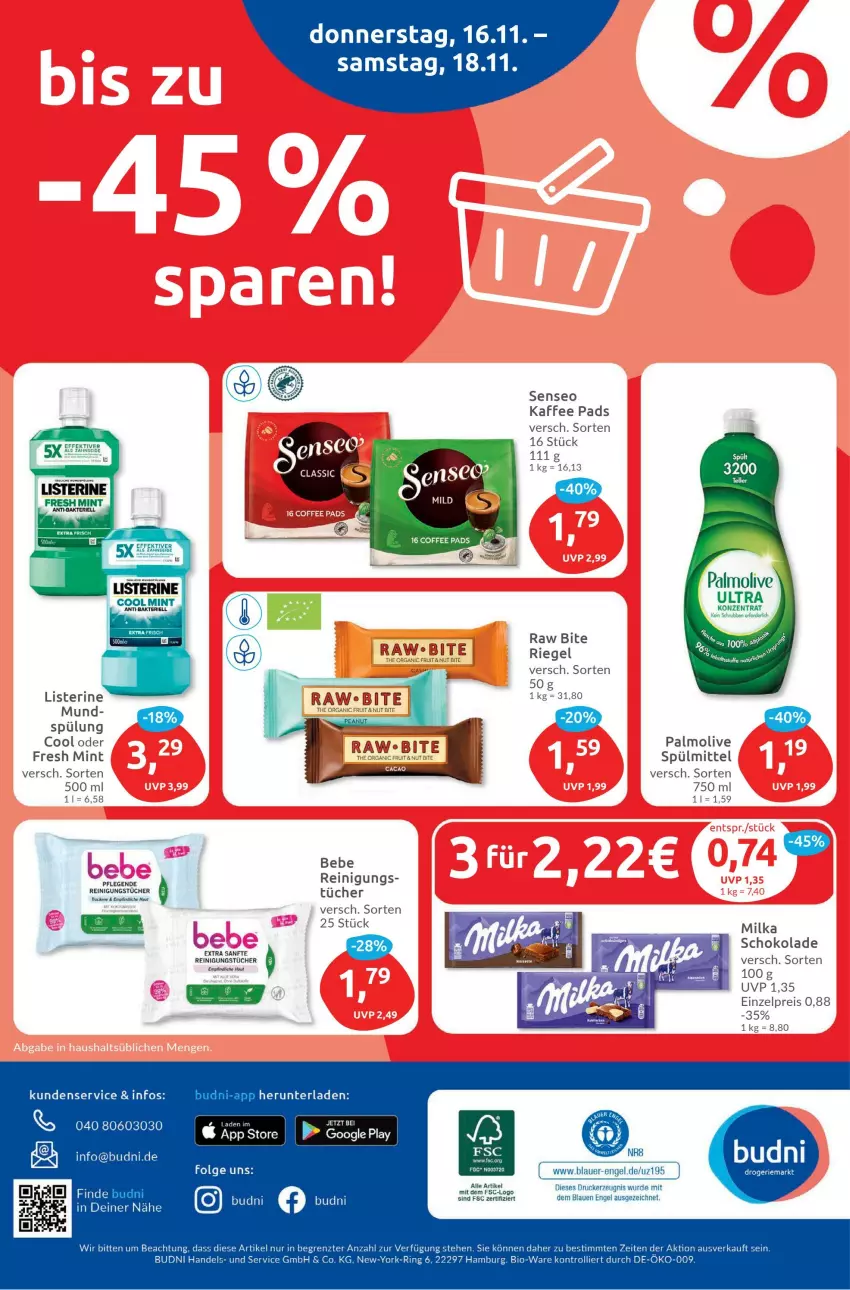 Aktueller Prospekt Budni - Prospekte - von 13.11 bis 18.11.2023 - strona 8 - produkty: auer, Bebe, bio, drucker, eis, Engel, kaffee, kerze, LG, listerine, milka, milka schokolade, mint, olive, palmolive, Reinigung, Reinigungstucher, reis, riegel, ring, schoko, schokolade, senseo, spülmittel, spülung, tee, Ti, trolli, tuc, tücher, Tucher, Yo, ZTE