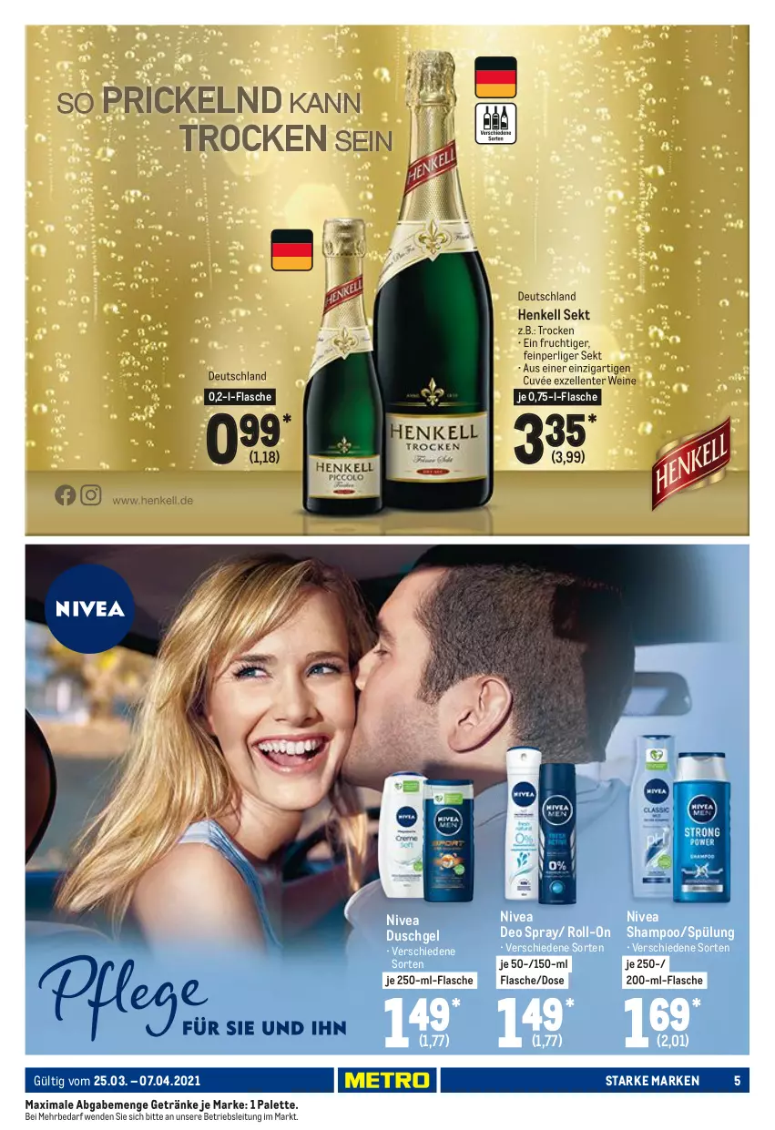 Aktueller Prospekt Metro - Starke Marken - von 25.03 bis 07.04.2021 - strona 5 - produkty: cuvée, deo, deo spray, duschgel, elle, ente, flasche, frucht, getränk, getränke, henkel, henkell, henkell sekt, nivea, Palette, roll-on, sekt, shampoo, spülung, Ti, wein, weine