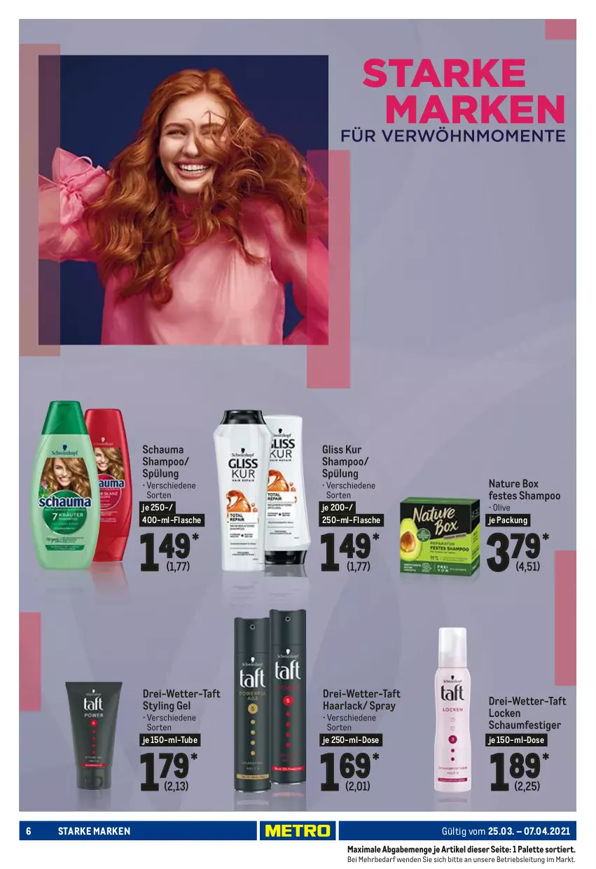 Aktueller Prospekt Metro - Starke Marken - von 25.03 bis 07.04.2021 - strona 6 - produkty: arla, flasche, gliss, gliss kur, Haarlack, lack, natur, nature box, olive, Palette, schauma, schauma shampoo, schaumfestiger, shampoo, spülung, Styling Gel, Taft, Ti