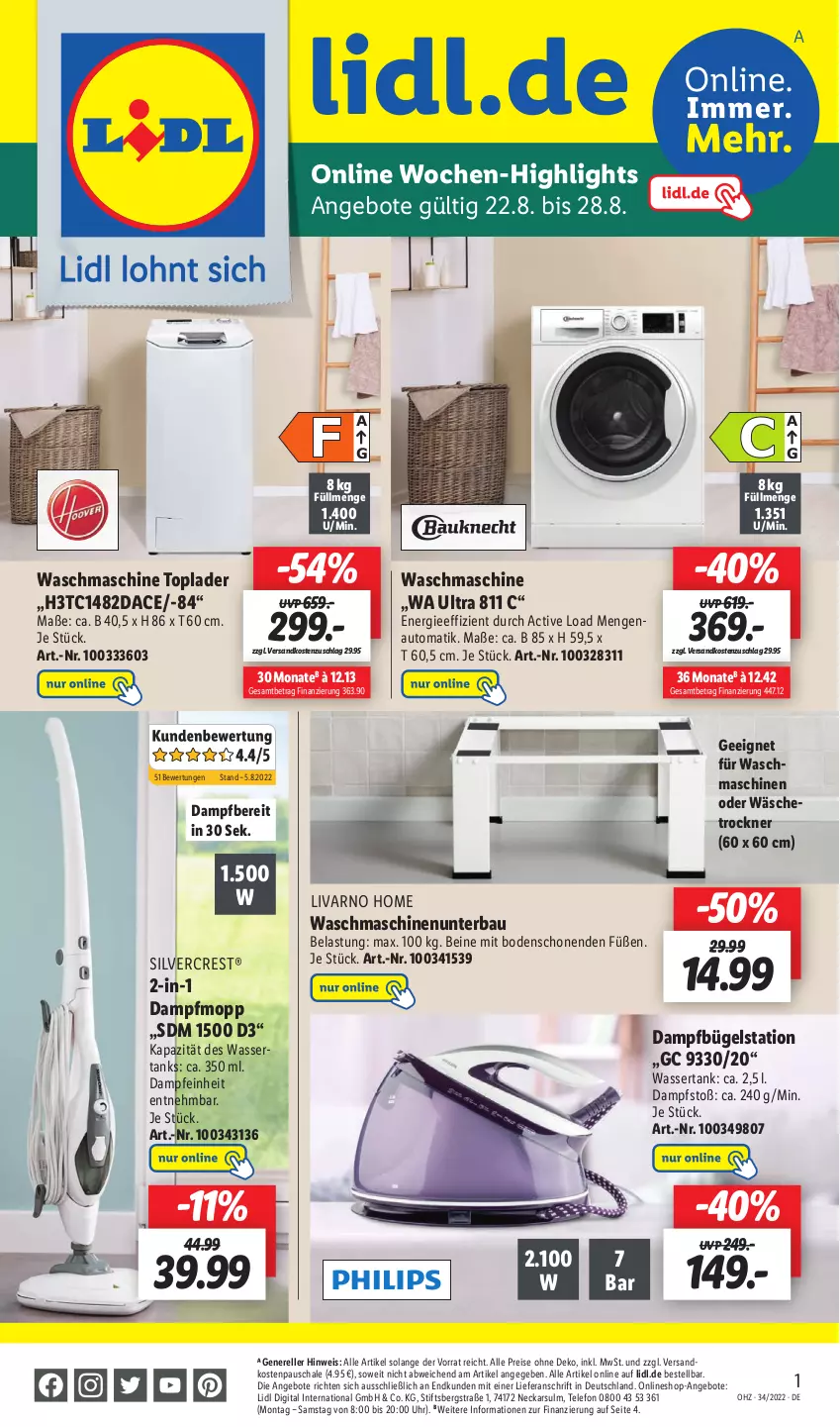 Aktueller Prospekt Lidl - Wochen-Highlights im Onlineshop - von 22.08 bis 28.08.2022 - strona 1 - produkty: angebot, angebote, auto, Bau, bügel, Bügelstation, dampfbügelstation, eis, elle, küche, ndk, reis, rel, Schal, Schale, silvercrest, telefon, Ti, Toplader, Trockner, uhr, wäschetrockner, waschmaschine, waschmaschinen, wasser, wassertank