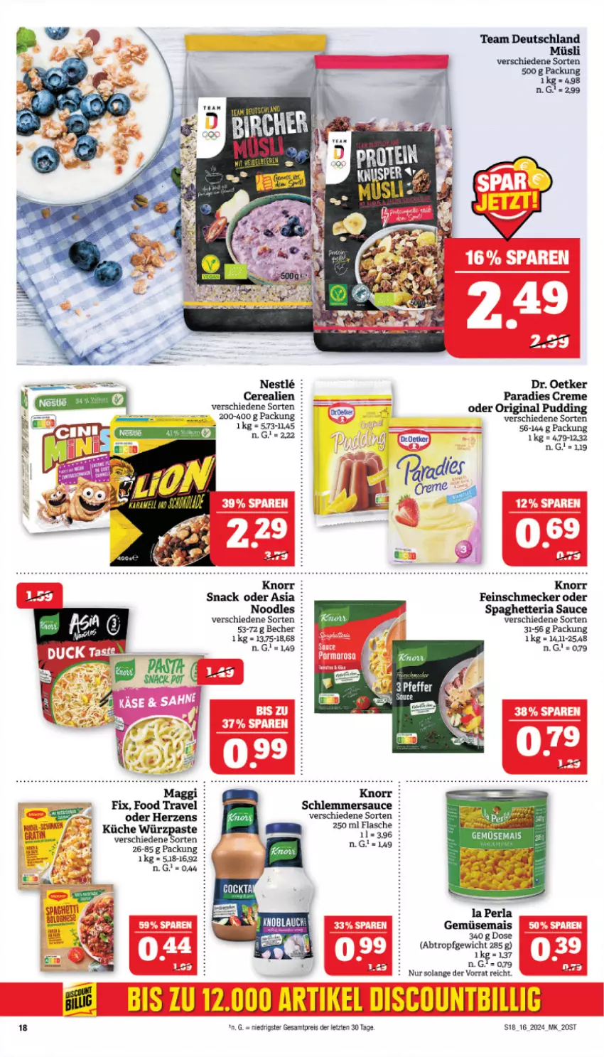 Aktueller Prospekt Marktkauf - Prospekt - von 14.04 bis 20.04.2024 - strona 20 - produkty: Becher, cerealien, creme, Dr. Oetker, eis, feinschmecker, flasche, gemüsemais, gin, knorr, küche, mais, Paradies Creme, perla, reis, Ria, sauce, schlemmersauce, snack, ZTE