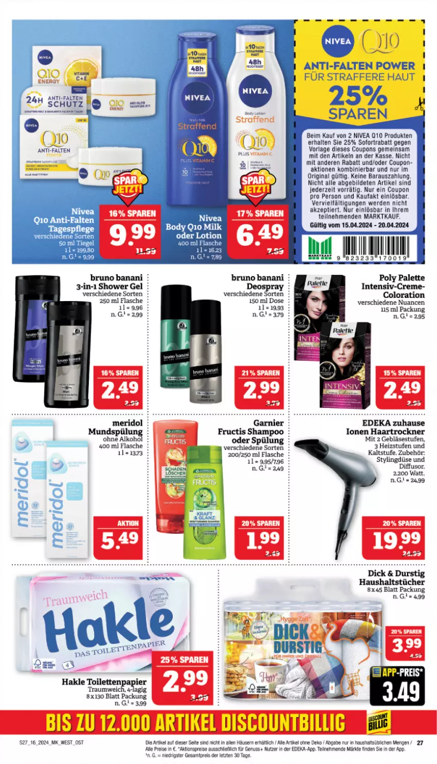 Aktueller Prospekt Marktkauf - Prospekt - von 14.04 bis 20.04.2024 - strona 29 - produkty: aktionspreis, alkohol, body, bruno banani, coupon, coupons, creme, deka, deo, deospray, eis, erde, flasche, fructis, garnier, gin, haartrockner, hakle, hakle toilettenpapier, haushaltstücher, Lotion, meridol, nivea, Nuance, nuss, ohne alkohol, Palette, papier, Q10, reis, shampoo, sofortrabatt, spülung, Tagespflege, Ti, toilettenpapier, Trockner, tücher, ZTE