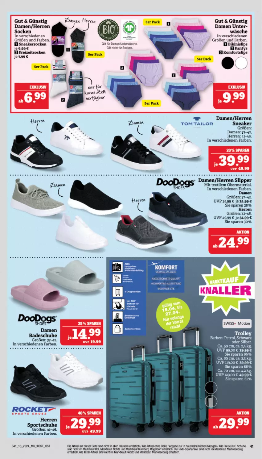 Aktueller Prospekt Marktkauf - Prospekt - von 14.04 bis 20.04.2024 - strona 43 - produkty: Bad, bikini, eis, Freizeitsocken, panty, reis, Ria, schuhe, slip, Slipper, slips, sneaker, sneakersocken, socken, Sport, tee, Ti, tom tailor, Unterwäsche