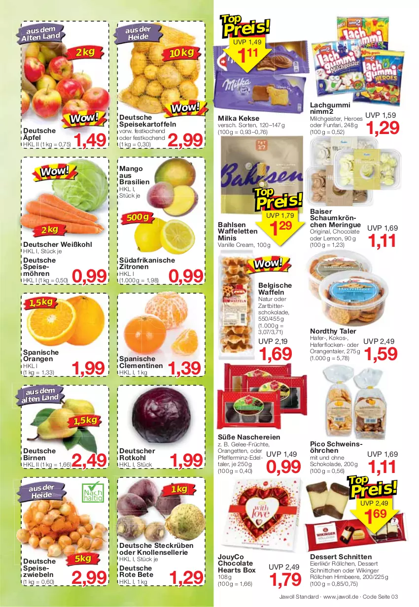 Aktueller Prospekt Jawoll - Prospekte - von 02.01 bis 08.01.2022 - strona 3 - produkty: bahlsen, beere, Birnen, clementinen, cola, dessert, eier, eierlikör, eis, elle, früchte, gelee, gin, hafer, haferflocken, hero, himbeer, himbeere, kartoffel, kartoffeln, keks, kekse, kokos, lachgummi, LG, likör, mango, milch, milka, möhren, natur, nimm2, orange, orangen, pfeffer, ring, rote bete, rotkohl, Schere, schnitten, schoko, schokolade, schwein, speisekartoffeln, speisemöhren, Speisezwiebeln, Ti, vanille, waffeln, wein, Weißkohl, Zartbitterschokolade, zitrone, zitronen, zwiebel, zwiebeln