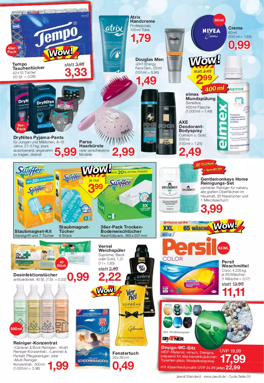 Aktueller Prospekt Jawoll - Prospekte - von 02.01 bis 08.01.2022 - strona 5 - produkty: Atrix, auto, axe, bier, Biere, body, bodyspray, bürste, creme, dell, deo, deodorant, Desinfektion, DryNites, eis, elle, elmex, fenster, flasche, handcreme, kraft, lack, laminat, latte, mikrofaser, Mode, mundspülung, Pants, passend für alle, persil, persil waschmittel, Pyjama, reiniger, Reinigung, Ria, Spiele, spülung, staubmagnet, Tasche, taschen, taschentücher, Tempo, Ti, tuc, tücher, vernel, waschmittel, wc-sitz, weichspüler