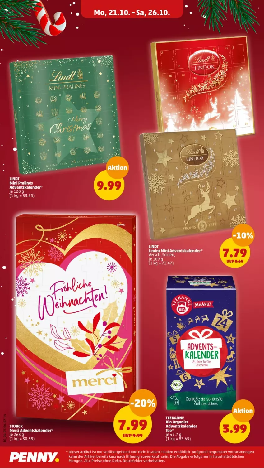 Aktueller Prospekt Penny - Prospekte - von 21.10 bis 26.10.2024 - strona 12 - produkty: Adventskalender, bio, eis, LG, lindor, lindt, merci, reis, storck, tee, teekanne, Ti, ZTE