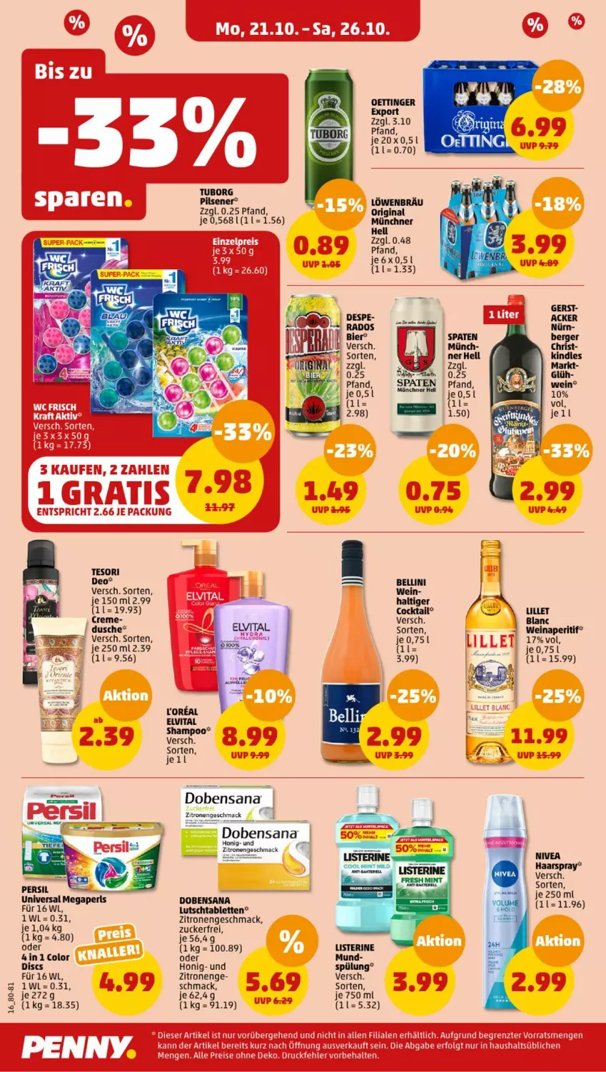 Aktueller Prospekt Penny - Prospekte - von 21.10 bis 26.10.2024 - strona 18 - produkty: aperitif, Berger, cocktail, creme, dusche, elvital, gin, haarspray, honig, Kindle, lillet, listerine, loreal, mac, megaperls, mint, nivea, oettinger, persil, pils, pilsener, sana, shampoo, Spaten, spülung, tablet, tablett, Tablette, Ti, universal megaperls, vita, wein, zitrone, zitronen, zucker