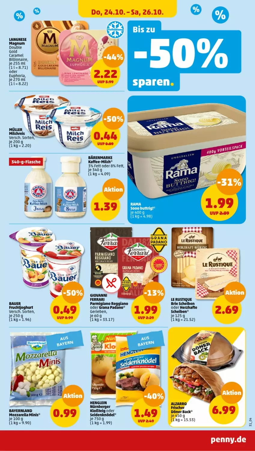 Aktueller Prospekt Penny - Prospekte - von 21.10 bis 26.10.2024 - strona 33 - produkty: auer, Bau, Bauer, Berger, brie, caramel, eis, ente, flasche, frucht, fruchtjoghurt, grana, grana padano, henglein, joghur, joghurt, kaffee, Knödel, langnese, Le Rustique, lion, magnum, milch, milchreis, mozzarella, Müller, nürnberger, padano, parmigiano, parmigiano reggiano, rama, Rana, reggiano, reis, rel, Ti