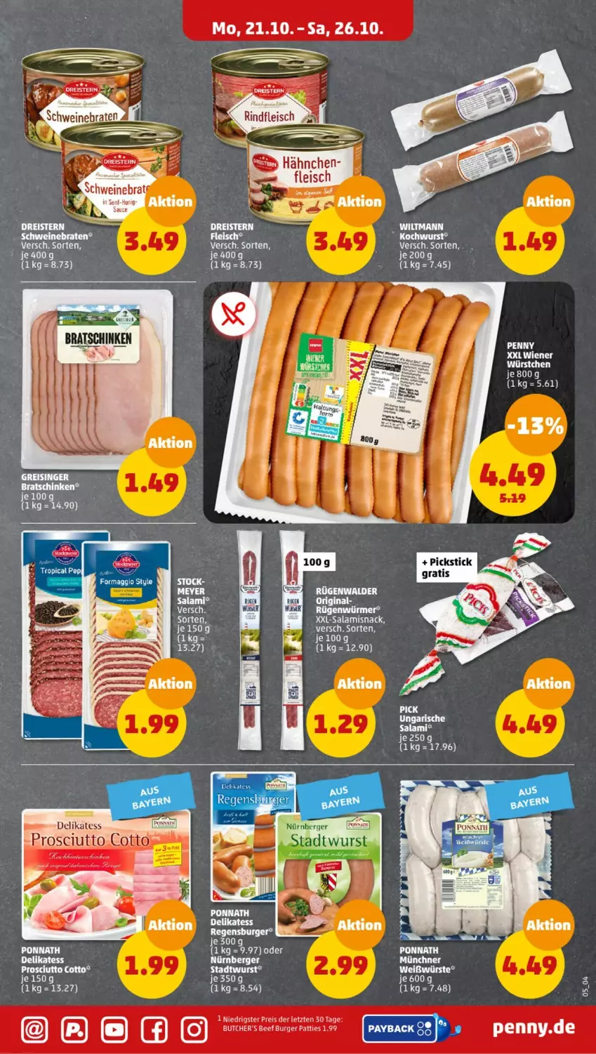 Aktueller Prospekt Penny - Prospekte - von 21.10 bis 26.10.2024 - strona 5 - produkty: beef, Berger, burger, butcher's, eis, fleisch, gin, nürnberger, ponnath, regensburger, reis, rügenwalder, salami, schinken, snack, Ti, Ungarische Salami, wiener, wiltmann, wurst, würstchen, ZTE