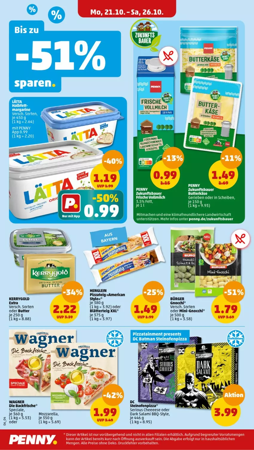 Aktueller Prospekt Penny - Prospekte - von 21.10 bis 26.10.2024 - strona 6 - produkty: auer, Bau, Bauer, blätterteig, butter, eis, ente, gnocchi, henglein, Käse, kerrygold, LG, mac, milch, Ofen, pizza, Pizzateig, reis, rum, spinat, steinofen, Ti, vollmilch, wagner, ZTE