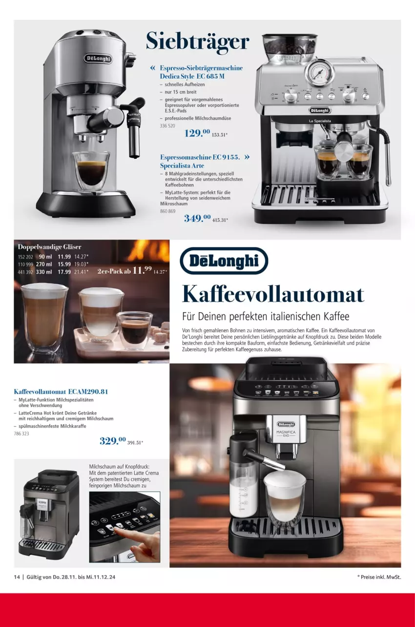 Aktueller Prospekt Selgros - Kochen & Servieren Exklusiv - von 28.11 bis 11.12.2024 - strona 14 - produkty: auto, Bau, bohne, bohnen, Brei, dell, delonghi, eis, elle, espresso, Germ, getränk, getränke, Gläser, kaffee, kaffeebohnen, kaffeegenuss, kaffeevollautomat, Karaffe, latte, LG, milch, Mode, nuss, reis, Spezi, spülmaschinen, Ti, tisch, WICK