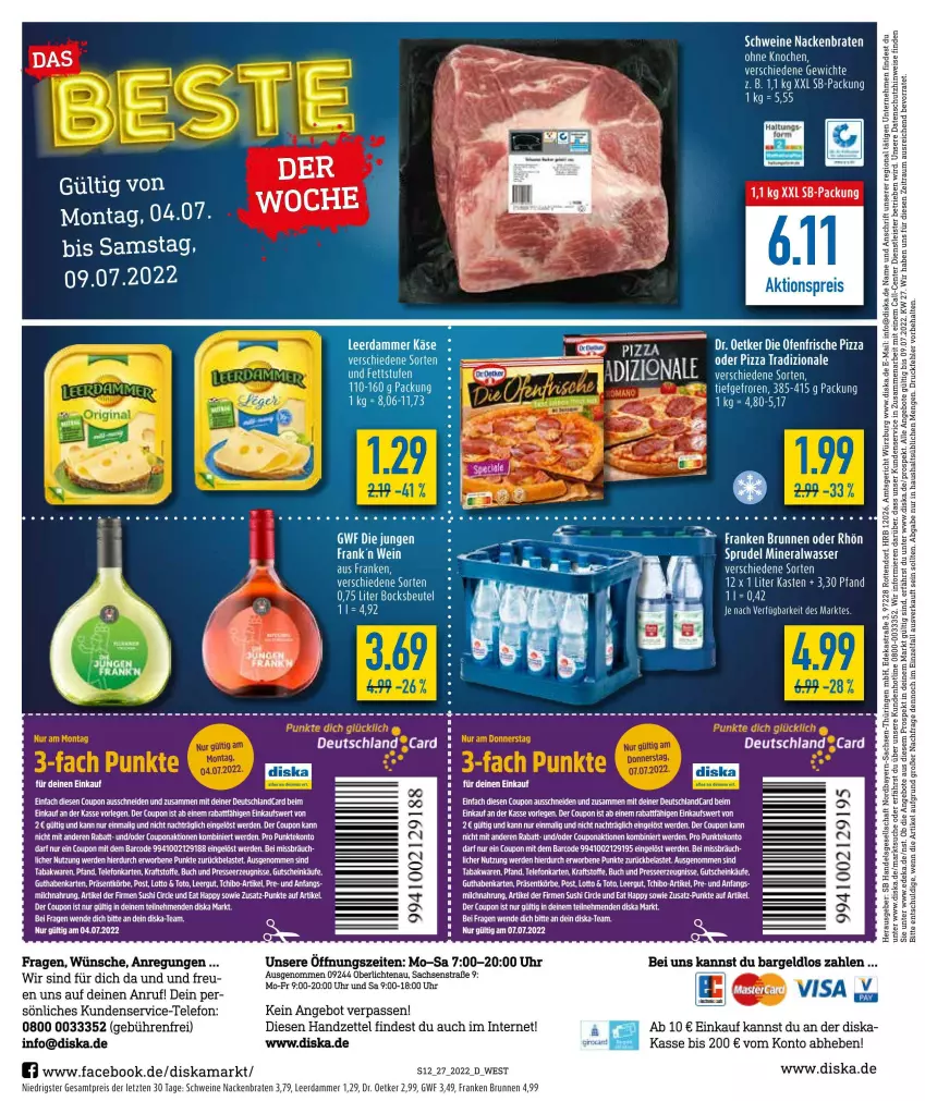 Aktueller Prospekt Diska - Prospekte - von 04.07 bis 09.07.2022 - strona 12 - produkty: Alwa, angebot, angebote, Astra, beutel, braten, brunnen, buch, coupon, deka, deutschland card, deutschlandcard, die ofenfrische, Dr. Oetker, eis, ente, erde, franken brunnen, gutschein, kraft, leerdammer, milch, mineralwasser, Ofen, pizza, reis, ring, sac, schwein, schweine, Sprudel, Sushi, telefon, Ti, uhr, wasser, wein, weine, ZTE