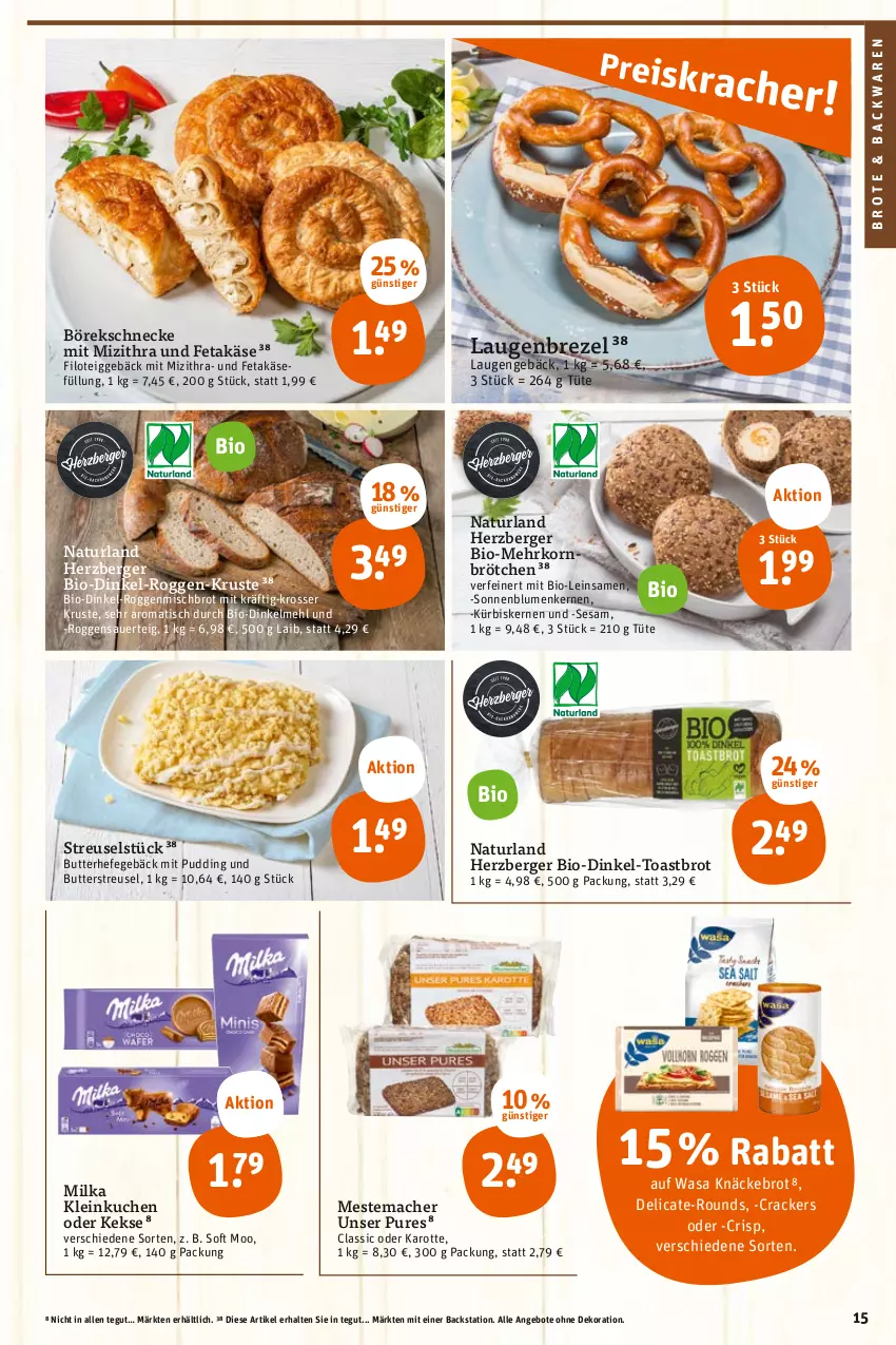 Aktueller Prospekt Tegut - Angebote der Woche - von 12.06 bis 17.06.2023 - strona 17 - produkty: angebot, angebote, auer, backwaren, Berger, bio, blume, blumen, brezel, brot, brötchen, butter, cracker, dekoration, dinkelmehl, feta, Hefe, herzberger, Käse, keks, kekse, knäckebrot, korn, kuchen, Kürbis, kürbiskerne, Laugenbrezel, mac, mehl, mehrkornbrötchen, mestemacher, milka, natur, naturland, pudding, sesam, sonnenblume, sonnenblumen, Sonnenblumenkerne, sonnenblumenkernen, Ti, tisch, toast, Toastbrot, Tüte, wasa