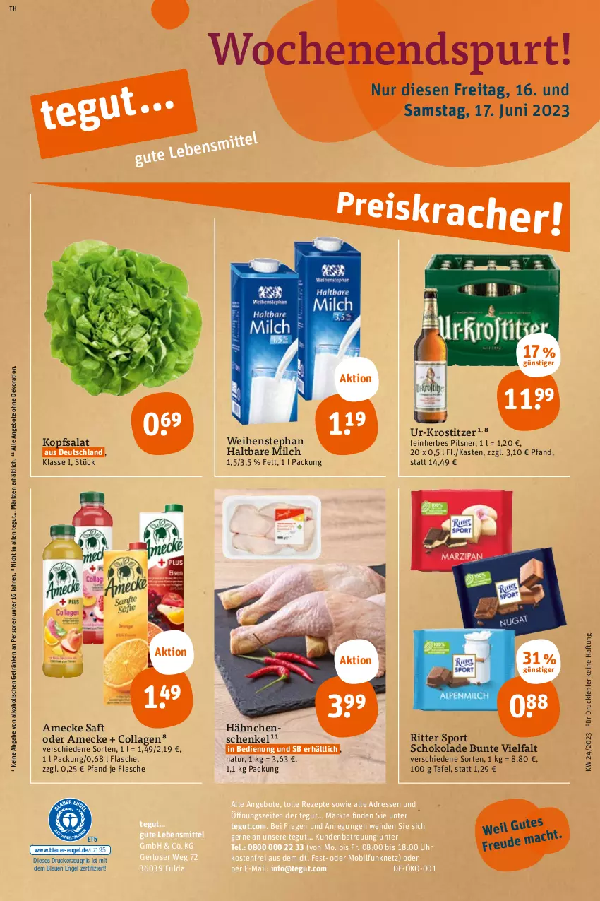 Aktueller Prospekt Tegut - Angebote der Woche - von 12.06 bis 17.06.2023 - strona 26 - produkty: alkohol, amecke, angebot, angebote, auer, Collagen, dekoration, drucker, Engel, flasche, Fulda, getränk, getränke, hähnchenschenkel, haltbare milch, henkel, kerze, kopfsalat, lebensmittel, milch, natur, pils, pilsner, rezept, rezepte, ritter, ritter sport, saft, salat, schenkel, schoko, schokolade, Sport, Ti, uhr, weihenstephan