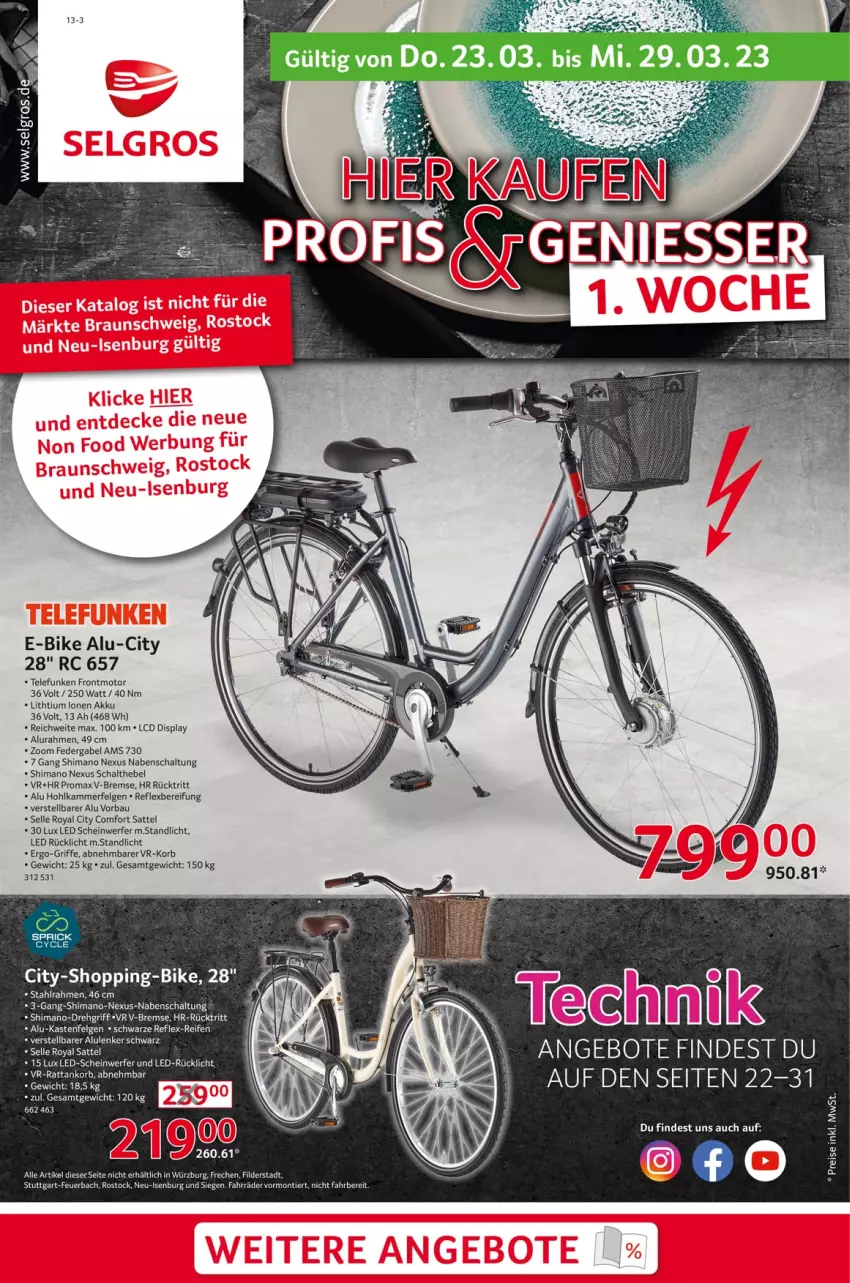 Aktueller Prospekt Selgros - Nonfood - von 23.03 bis 29.03.2023 - strona 1 - produkty: akku, angebot, angebote, Bau, E-Bike, elle, felgen, gabel, korb, LG, nexus, promax, reifen, rücklicht, sattel, Schal, shimano, telefunken, Ti