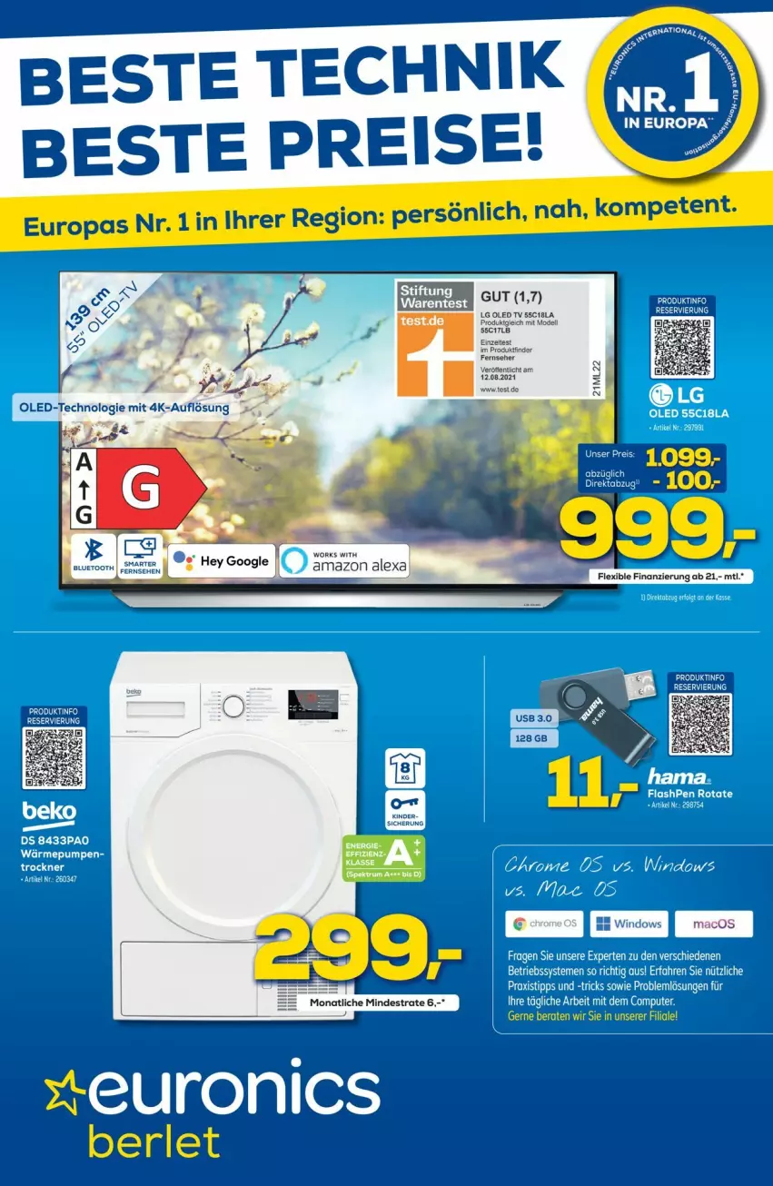 Aktueller Prospekt Euronics - Prospekte - von 25.05 bis 01.06.2022 - strona 1 - produkty: alexa, amazon alexa, eis, Kinder, led tv, LG, mac, oled tv, reis, Ti, Trockner