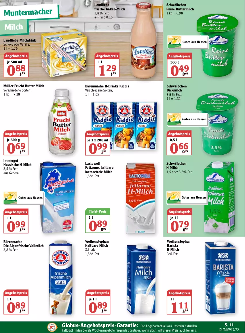 Aktueller Prospekt Globus - Prospekte - von 25.04 bis 30.04.2022 - strona 15 - produkty: angebot, angebote, angebotspreis, bärenmarke, butter, buttermilch, drink, drinks, eis, elle, frucht, haltbare milch, immergut, kakao, landliebe, mac, milch, Müller, reine buttermilch, reis, schoko, Ti, tiefst-preis, vanille, vollmilch, weihenstephan