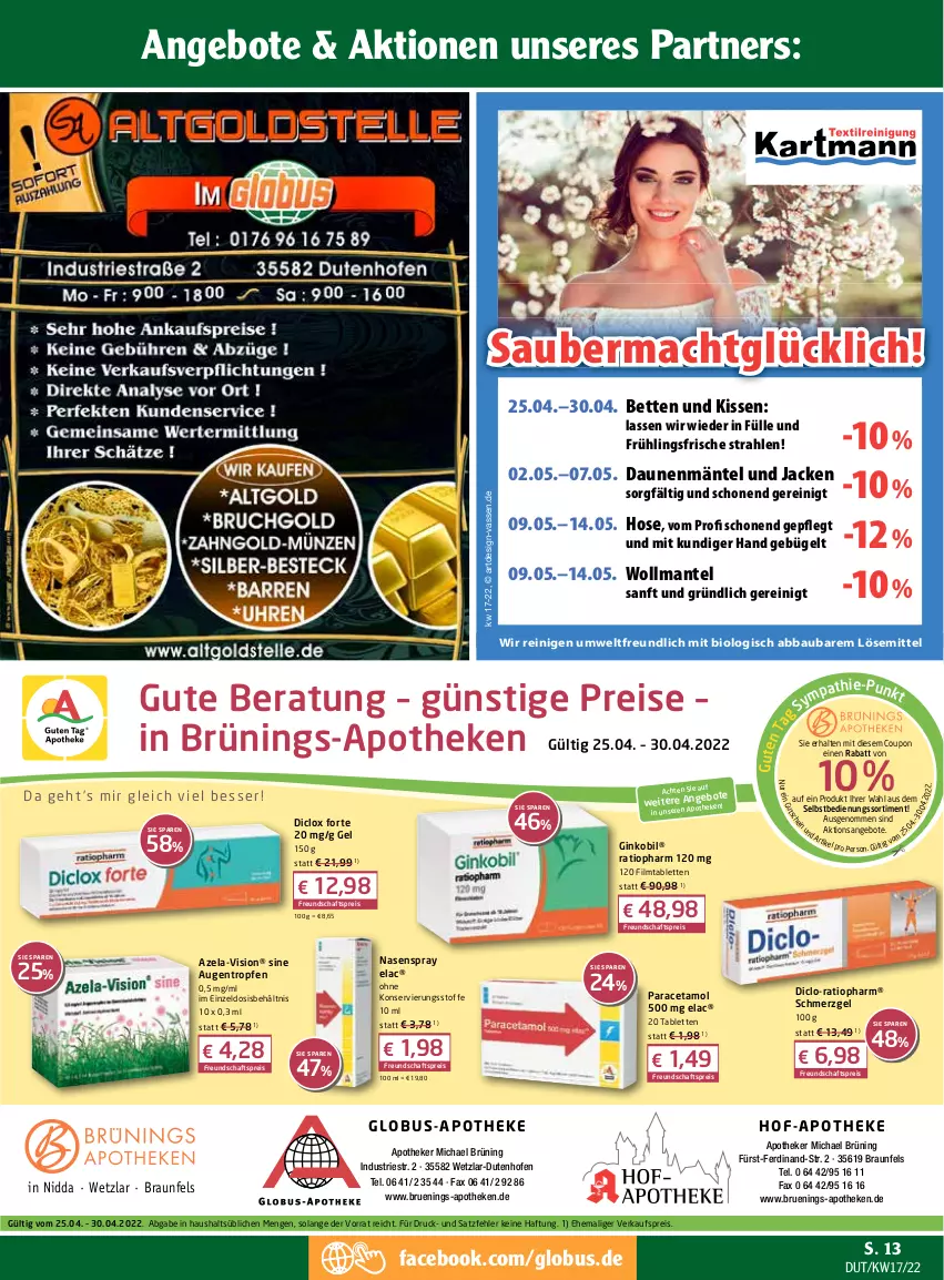 Aktueller Prospekt Globus - Prospekte - von 25.04 bis 30.04.2022 - strona 17 - produkty: Abba, angebot, angebote, Apotheke, Azela-Vision, Bau, bett, Betten, bio, braun, bügel, coupon, Diclo-Ratiopharm, eis, gin, Ginkobil, hose, Jacke, kissen, mac, Mantel, Nasenspray, Ofen, Paracetamol, Ratiopharm, reis, tablet, tablett, Tablette, Ti