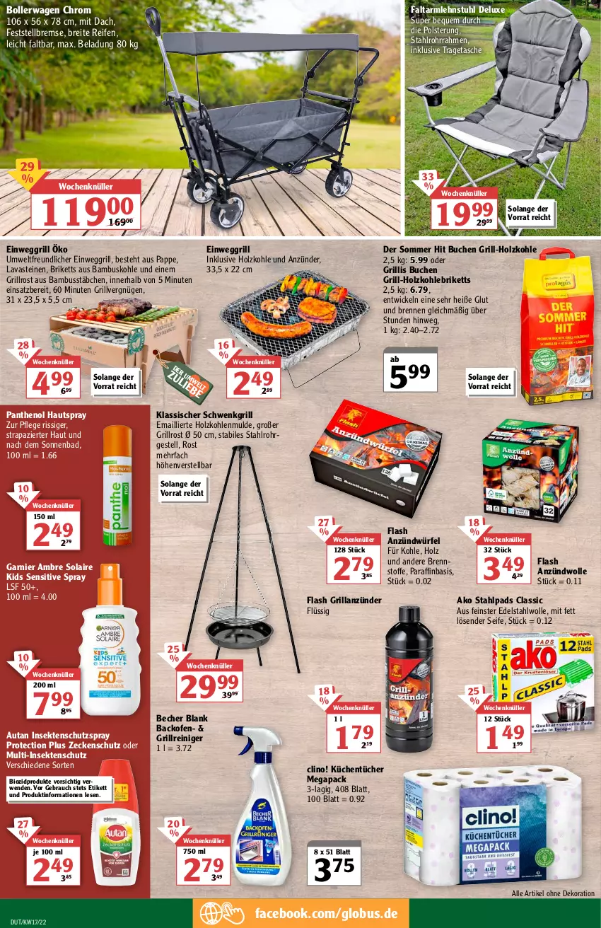 Aktueller Prospekt Globus - Prospekte - von 25.04 bis 30.04.2022 - strona 4 - produkty: alle artikel ohne dekoration, Ambre Solaire, anzünder, armlehnstuhl, Autan, backofen, Bad, bambus, Becher, bio, biozidprodukte, bollerwagen, Brei, briketts, buch, Clin, dekoration, edelstahl, Einweggrill, garnier, grill, grill-holzkohle, grillanzünder, Grillreiniger, grillrost, Holz, holzkohle, insektenschutz, küche, Küchen, küchentücher, Ofen, Panthenol, Rauch, reifen, reiniger, rwe, Seife, sekt, stuhl, Tasche, Ti, tragetasche, tücher, WICK, wolle, würfel