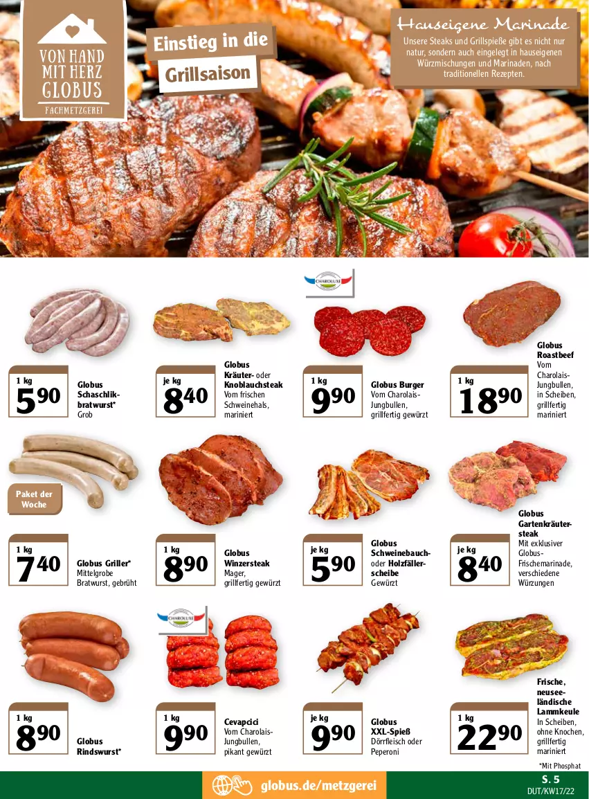 Aktueller Prospekt Globus - Prospekte - von 25.04 bis 30.04.2022 - strona 9 - produkty: Bau, beef, bratwurst, burger, cevapcici, eis, elle, fleisch, Garten, gewürz, grill, Grillspieße, grobe bratwurst, Holz, jungbullen, knoblauch, kräuter, lamm, lammkeule, LG, marinade, natur, peperoni, Peroni, rezept, rezepte, rind, roastbeef, schwein, schweine, Schweinebauch, steak, steaks, Ti, wein, weine, wurst