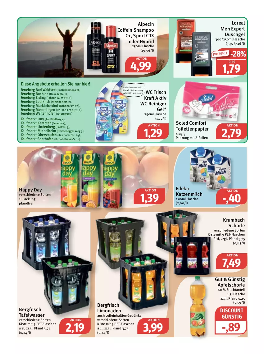 Aktueller Prospekt Feneberg - Prospekte - von 08.12 bis 10.12.2022 - strona 15 - produkty: alpecin, angebot, angebote, apfel, Apfelschorle, auer, Bad, ball, bio, buch, chloe, cin, coffein, deka, Diesel, discount, duschgel, Egger, eis, emmi, flasche, frucht, getränk, getränke, Happy Day, katzenmilch, kraft, krumbach, limo, limonade, limonaden, loreal, milch, Ofen, papier, pet-flasche, pet-flaschen, Rauch, reiniger, reiniger gel, reis, rum, rwe, schorle, shampoo, Sport, Ti, toilettenpapier, wasser, wc frisch, WC Frisch Kraft Aktiv