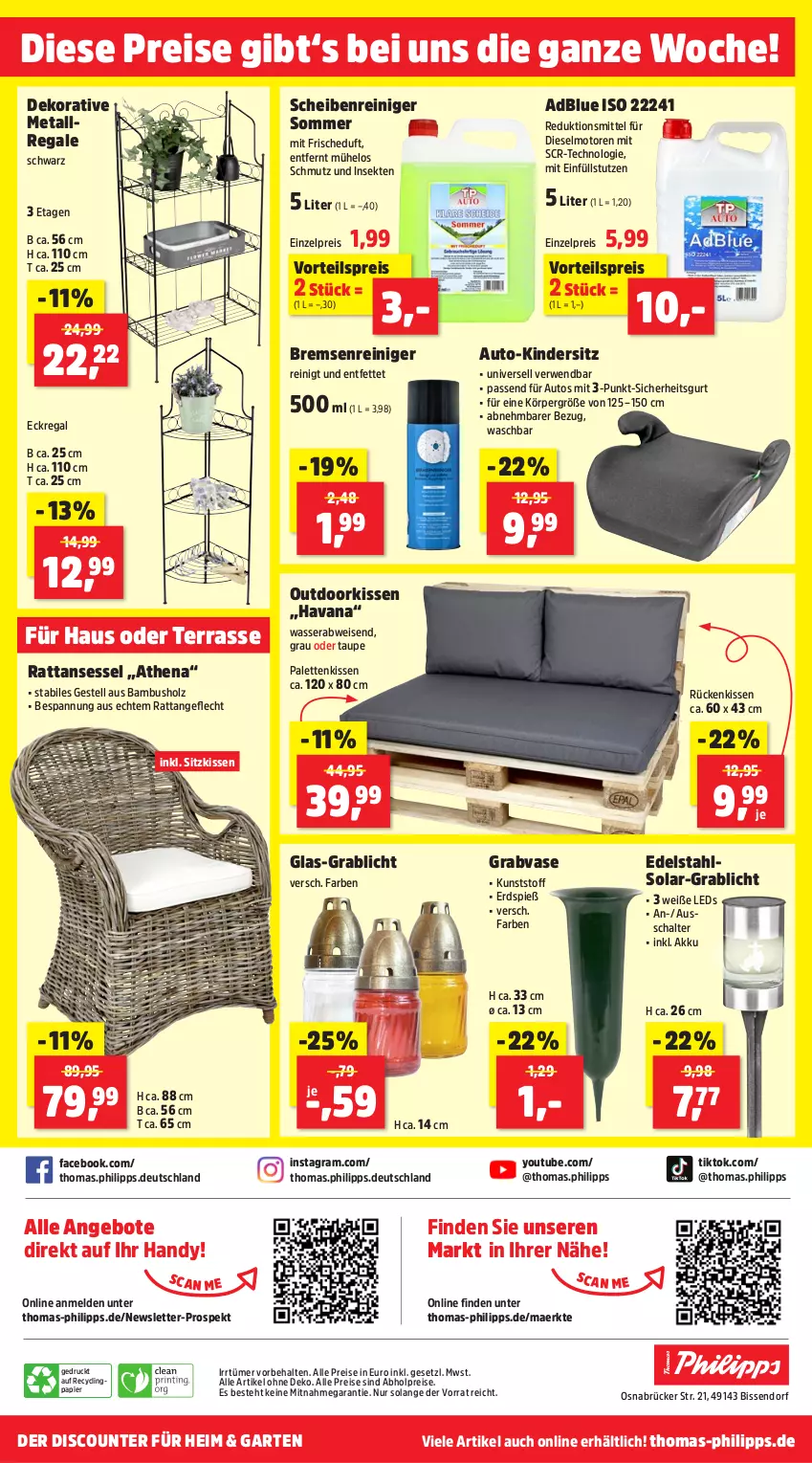 Aktueller Prospekt Thomas Philipps - von 06.05 bis 11.05.2024 - strona 20 - produkty: abholpreise, adblue, akku, alle preise sind abholpreise, angebot, angebote, auto, bambus, Clin, Diesel, discount, Eckregal, edelstahl, eis, Garten, Handy, Holz, Kinder, Kindersitz, kissen, leds, Palette, Palettenkissen, papier, regal, reiniger, reis, Rückenkissen, rwe, Schal, Scheibenreiniger, sekt, sessel, sitzkissen, Ti, Vase, vorteilspreis, wasser, Yo