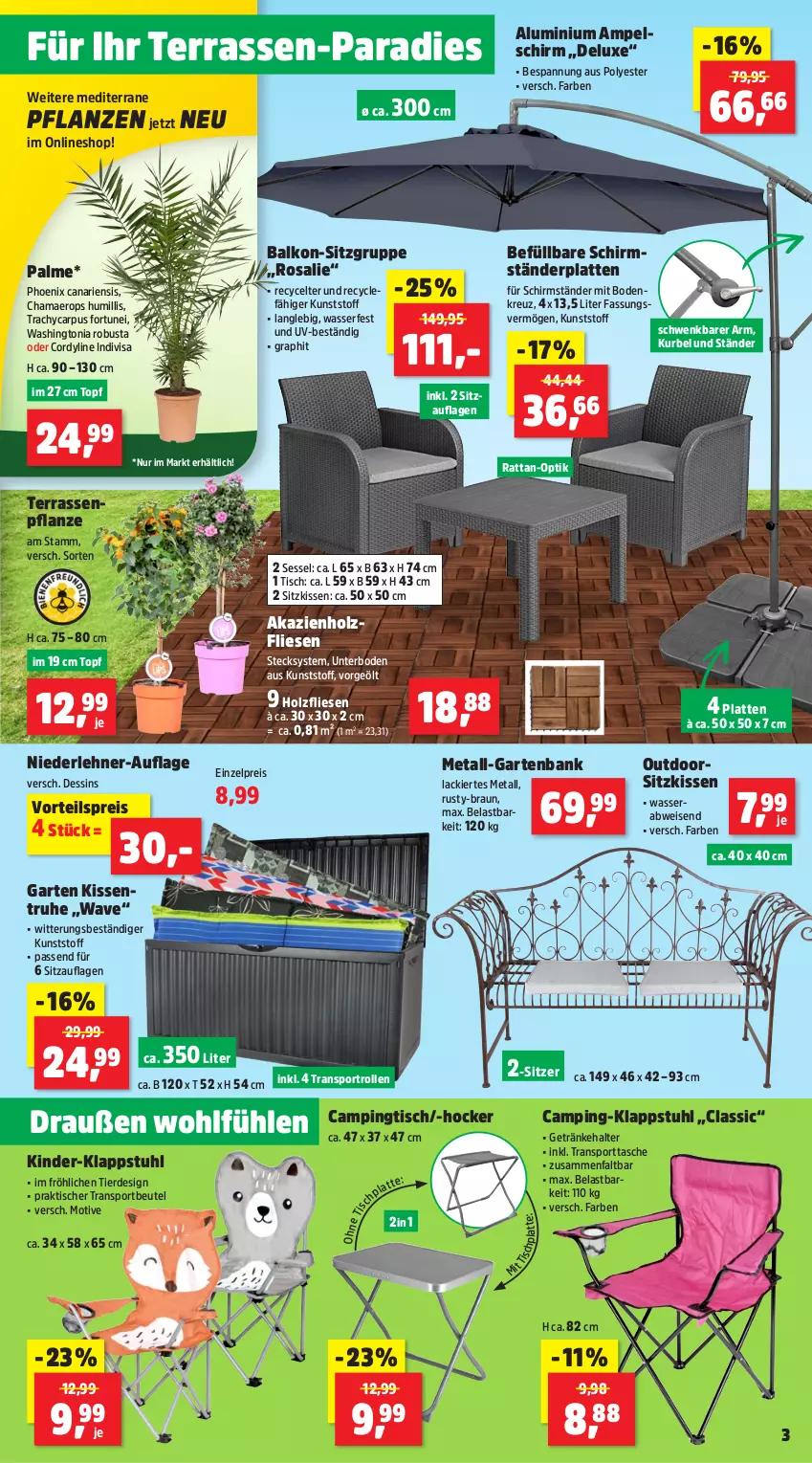 Aktueller Prospekt Thomas Philipps - von 06.05 bis 11.05.2024 - strona 3 - produkty: ampelschirm, Bank, beutel, braun, Campingtisch, eis, erde, Garten, gartenbank, getränk, getränke, getränkehalter, hama, hocker, Holz, HP, Kinder, kissen, klappstuhl, lack, latte, pflanze, pflanzen, reis, schirmständer, sessel, Sitzauflage, sitzkissen, Sport, sporttasche, stuhl, Tasche, Ti, tisch, topf, vorteilspreis, wasser