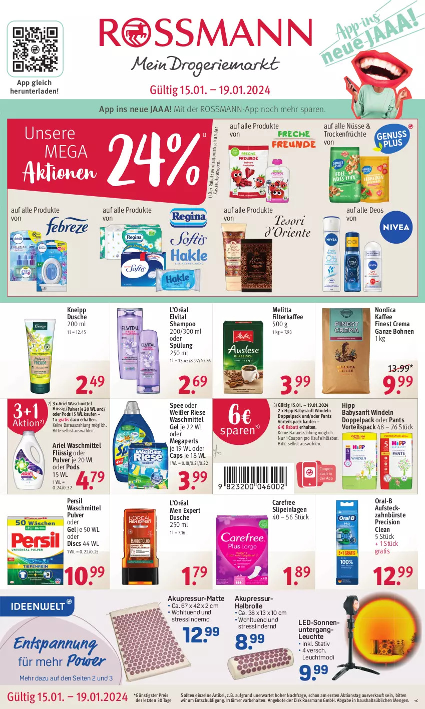 Aktueller Prospekt Rossmann - Prospekte - von 15.01 bis 19.01.2024 - strona 1 - produkty: angebot, angebote, ariel, ariel waschmittel, auto, bohne, bohnen, bürste, Cap, carefree, coupon, deo, dusche, eis, elvital, filterkaffee, früchte, hipp, kaffee, kneipp, Leuchte, megaperls, melitta, Nordica, oral-b, Pants, persil, persil waschmittel, Pods, precision clean, reis, shampoo, slip, slipeinlagen, spee, spülung, Ti, tisch, Trockenfrüchte, vita, waschmittel, windeln, zahnbürste, ZTE