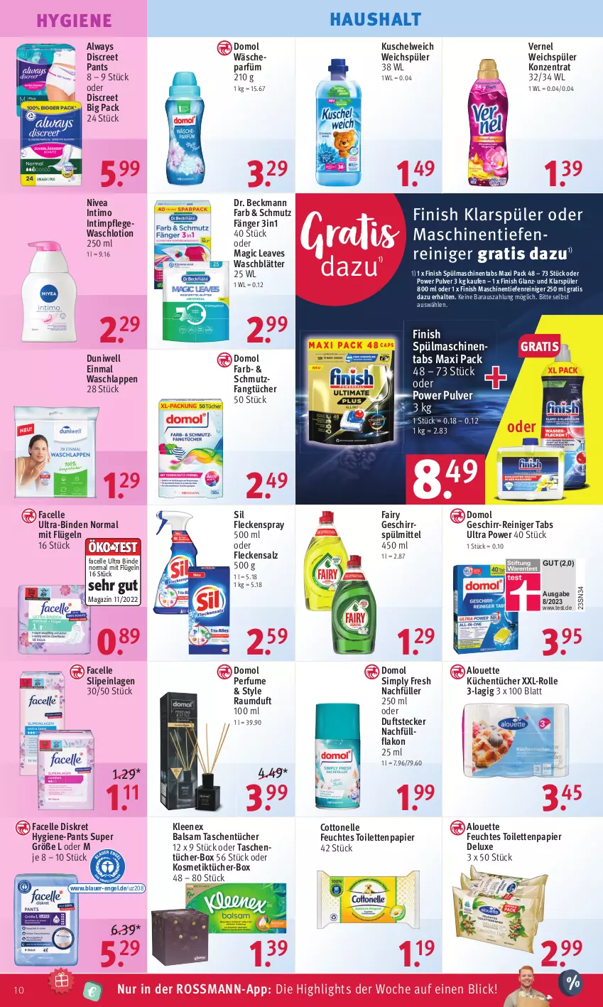 Aktueller Prospekt Rossmann - Prospekte - von 15.01 bis 19.01.2024 - strona 10 - produkty: alouette, Alwa, Always, auer, balsam, binden, cottonelle, Discreet, Domol, Dr. Beckmann, duni, Duniwell, Einmal Waschlappen, elle, Engel, Facelle, fairy, Fangtücher, feuchtes toilettenpapier, Finish, geschirr, geschirrspülmittel, Hygiene-Pants, klarspüler, kosmetik, Kosmetiktücher, Kosmetiktücher-Box, küche, Küchen, küchentücher, Kuschelweich, Lotion, magazin, nivea, Pants, papier, Raumduft, reiniger, salz, sim, slip, slipeinlagen, spülmaschinen, spülmaschinentabs, spülmittel, Tasche, taschen, taschentücher, Ti, toilettenpapier, tücher, Ultra-Binden, vernel, wäscheparfüm, waschlappen, Waschlotion, weichspüler