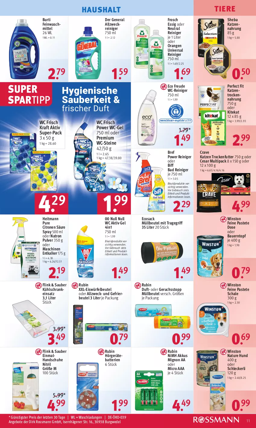 Aktueller Prospekt Rossmann - Prospekte - von 15.01 bis 19.01.2024 - strona 11 - produkty: akku, aktiv gel, allzweckreiniger, angebot, angebote, auer, Bad, batterie, batterien, Bau, Bauer, beutel, biff, bio, biozidprodukte, Bref, bref power, burti, eis, eiswürfel, Engel, entkalker, essig, feinwaschmittel, Frosch, gefrierbeutel, handschuhe, heitmann, katzennahrung, kitekat, kraft, kühlschrank, müllbeutel, natur, orange, orangen, pastete, Perfect Fit, Rauch, reiniger, reis, Rubin, rwe, sac, Schal, Schale, Schrank, schuhe, sheba, spartipp, Ti, Tiere, topf, tragegriff, trockenfutter, Trockennahrung, waschmittel, wc frisch, WC Frisch Kraft Aktiv, wc-gel, wc-reiniger, WC-Steine, weck, wedel, würfel, ZTE