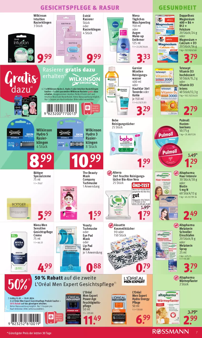 Aktueller Prospekt Rossmann - Prospekte - von 15.01 bis 19.01.2024 - strona 7 - produkty: aloe vera, alouette, Altapharma, alterra, Bebe, bio, bonbons, Calcium, coupon, creme, doppelherz, eis, elle, erde, feuchtigkeitspflege, Finish, garnier, gesichtspflege, Gesundheit, gsw, HP, Hustenbonbons, kosmetik, Kosmetiktücher, magnesium, magnesium 400, Make-up, Maske, mizellen, Mizellen Reinigungswasser, nivea, Nivea Men, Peeling, pflaster, rasierer, Rasierklinge, rasierklingen, Reinigung, reinigungstücher, reis, Spezi, Ti, Toner, tuc, tücher, tuchmaske, vita, Vitamin D, wasser, wilkinson, ZTE