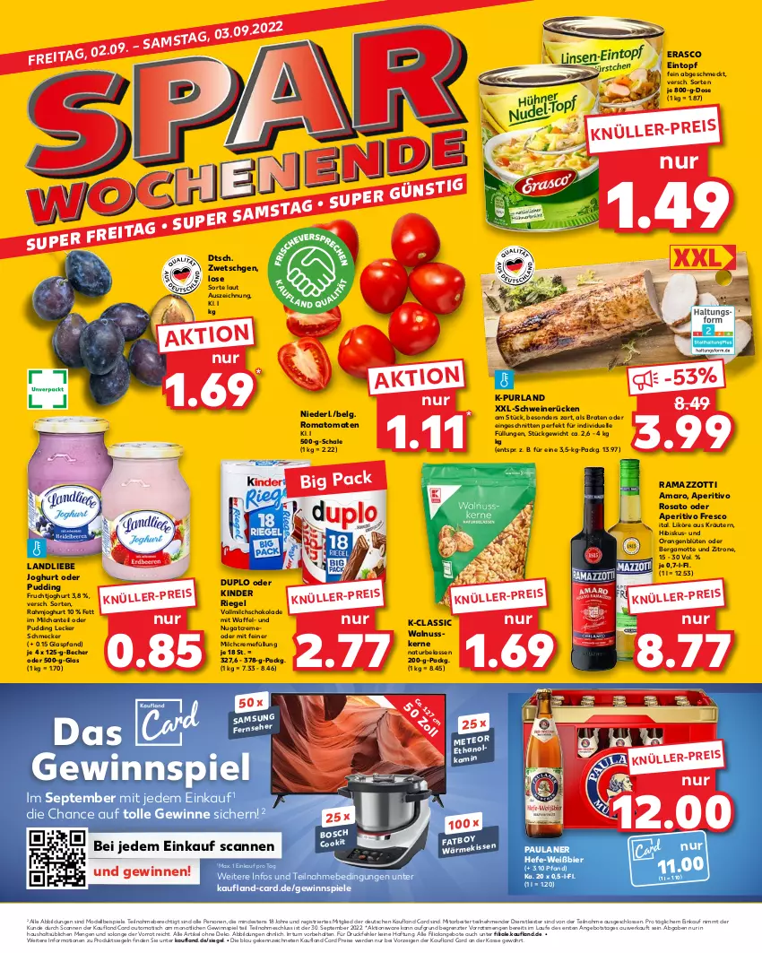 Aktueller Prospekt Kaufland - von 01.09 bis 07.09.2022 - strona 8 - produkty: amaro, angebot, angebote, aperitivo rosato, auto, Becher, Bergamotte, bier, Blüte, braten, creme, dell, duplo, eier, eintopf, eis, elle, erasco, erde, frucht, fruchtjoghurt, gewinnspiel, Hefe, joghur, joghurt, Kamin, Kinder, kinder riegel, kräuter, kräutern, landliebe, landliebe joghurt, LG, likör, milch, Mode, natur, nuss, orange, orangen, Paula, paulaner, pudding, purland, rahmjoghurt, rama, ramazzott, ramazzotti, reis, riegel, rind, Romatomaten, rosato, Schal, Schale, schnitten, schoko, schokolade, schwein, schweine, schweinerücken, Spiele, Ti, tisch, tomate, tomaten, topf, vollmilch, walnuss, walnusskerne, wein, weine, zitrone, zott, ZTE