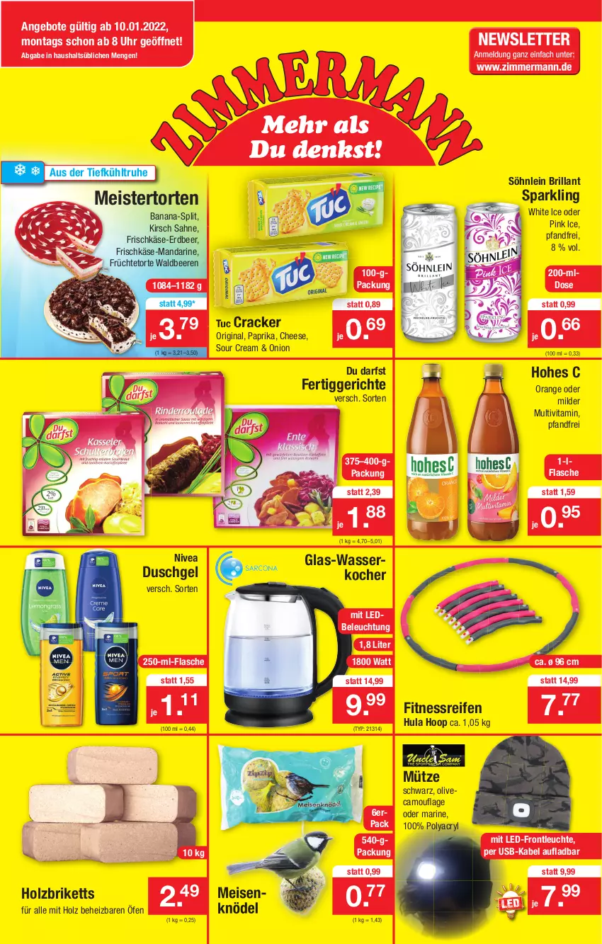 Aktueller Prospekt Zimmermann - Prospekte - von 10.01 bis 15.01.2022 - strona 1 - produkty: angebot, angebote, beere, beeren, beleuchtung, briketts, cracker, duschgel, eis, fertiggericht, fertiggerichte, flasche, frischkäse, früchte, gin, glas-wasserkocher, Hohes C, Holz, Holzbriketts, Hula Hoop, Käse, kirsch, Knödel, Kocher, Leuchte, mandarine, Meisenknödel, Meister, Mütze, nivea, olive, orange, paprika, pink ice, reifen, sahne, söhnlein, söhnlein brillant, sour cream, Ti, torte, tuc, uhr, usb, vita, wasser, wasserkocher