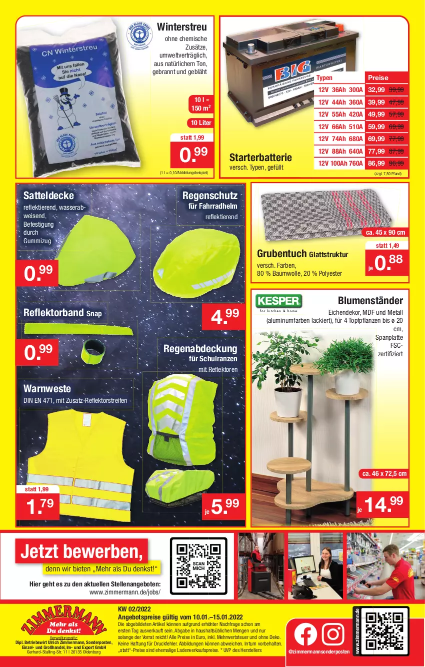 Aktueller Prospekt Zimmermann - Prospekte - von 10.01 bis 15.01.2022 - strona 10 - produkty: angebot, angebote, angebotspreis, batterie, Bau, baumwolle, blume, blumen, decke, dip, eis, elle, Fahrrad, fahrradhelm, lack, latte, pflanze, pflanzen, Regenschutz, reifen, reis, rwe, sattel, Schulranzen, sonderposten, teller, Ti, Tiere, topf, tuc, Warnweste, wasser, Weste, wolle