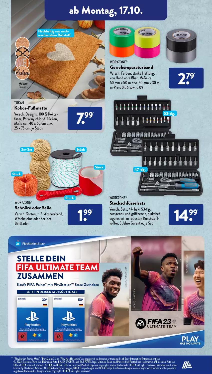 Aktueller Prospekt AldiSud - NÄCHSTE WOCHE - von 17.10 bis 22.10.2022 - strona 15 - produkty: Absperrband, aldi, ball, Brei, champion, eis, elle, ente, Fußmatte, koffer, kokos, lays, leine, LG, PlayStation, reis, sony, Sport, Steckschlüsselsatz, Ti, tisch, weber