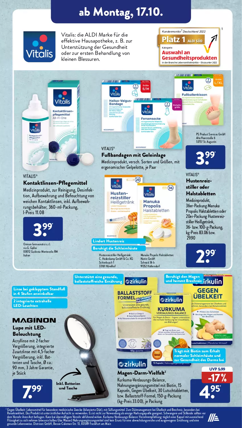 Aktueller Prospekt AldiSud - NÄCHSTE WOCHE - von 17.10 bis 22.10.2022 - strona 19 - produkty: aldi, Apotheke, ball, batterie, batterien, Behälter, beleuchtung, bio, Desinfektion, discount, eis, elle, Gesundheit, getränk, lebensmittel, LED-Leuchte, leine, Leuchte, leuchten, linsen, mac, medizinprodukt, monitor, monte, nuk, Propolis, Reinigung, reis, rwe, tablet, tablett, Tablette, Tasche, Ti, vita, vitalis, wasser, weck