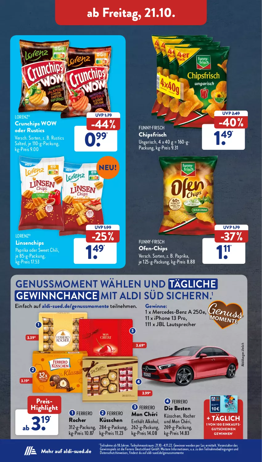 Aktueller Prospekt AldiSud - NÄCHSTE WOCHE - von 17.10 bis 22.10.2022 - strona 36 - produkty: aldi, alkohol, chili, chips, chipsfrisch, crunchips, eis, ente, erde, ferrero, funny-frisch, gewinnspiel, gutschein, gutscheine, iphone, IPhone 13, jbl, lautsprecher, linsen, lorenz, Mon Chéri, nuss, Ofen, paprika, reis, Ti