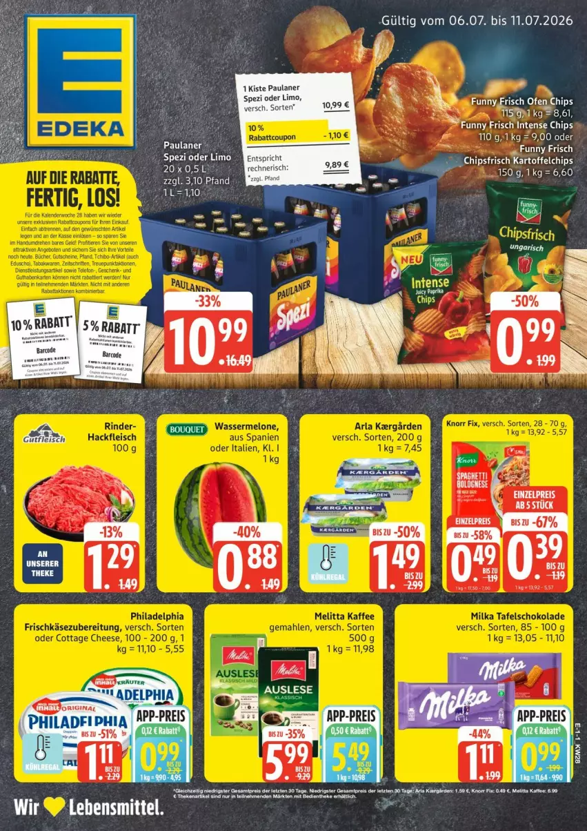 Aktueller Prospekt Edeka - Prospekte - von 06.07 bis 11.07.2026 - strona 1 - produkty: chips, chipsfrisch, eis, kartoffel, kartoffelchips, lebensmittel, limo, Paula, paulaner, reis, Spezi, Ti