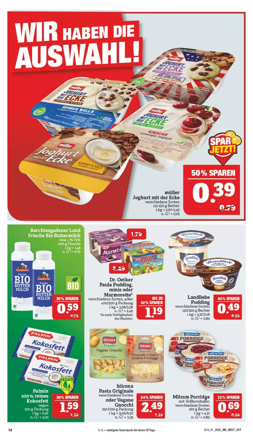 Aktueller Prospekt Marktkauf - Prospekt - von 09.10 bis 15.10.2022 - strona 18 - produkty: Becher, bio, butter, buttermilch, Dr. Oetker, eis, flasche, gin, gnocchi, hafer, hilcona, joghur, joghurt, joghurt mit der ecke, kokos, Kokosfett, korn, landliebe, maggi, marmorette, milch, milram, Müller, pasta, Paula, paula pudding, porridge, prosciutto, prosciutto crudo, pudding, reis, Ti, ZTE