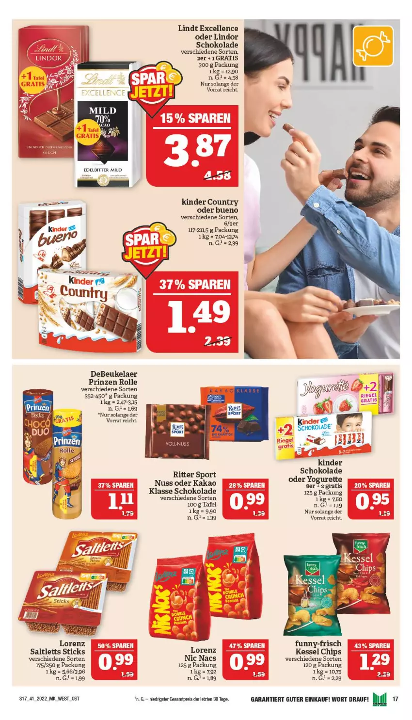 Aktueller Prospekt Marktkauf - Prospekt - von 09.10 bis 15.10.2022 - strona 21 - produkty: chips, debeukelaer, eis, elle, funny-frisch, kakao, Kinder, kinder country, lindor, lindt, lorenz, nuss, prinzen rolle, reis, saltletts, schoko, schokolade, Sport, tee, Ti, ZTE