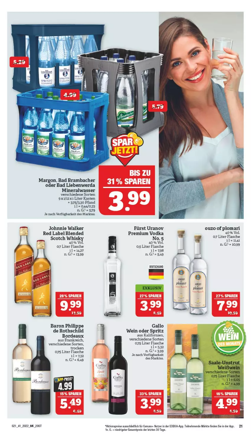 Aktueller Prospekt Marktkauf - Prospekt - von 09.10 bis 15.10.2022 - strona 25 - produkty: aktionspreis, Alwa, Bad, Bad Liebenwerda, deka, eis, flasche, gallo, johnnie walker, mineralwasser, nuss, ouzo, premium vodka, reis, scotch, scotch whisky, Ti, vodka, wasser, wein, whisky, ZTE